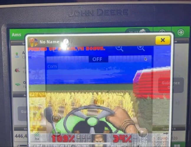 Cropped shot of Doom running on a John Deere tractor controller